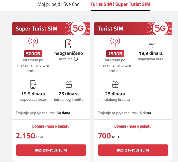 MTS — Super Turist SIM / Turist SIM (2,150 / 700 RSD)