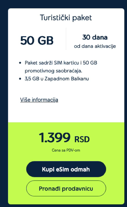 Yettel — Tourist package 50 GB (1,399 RSD)